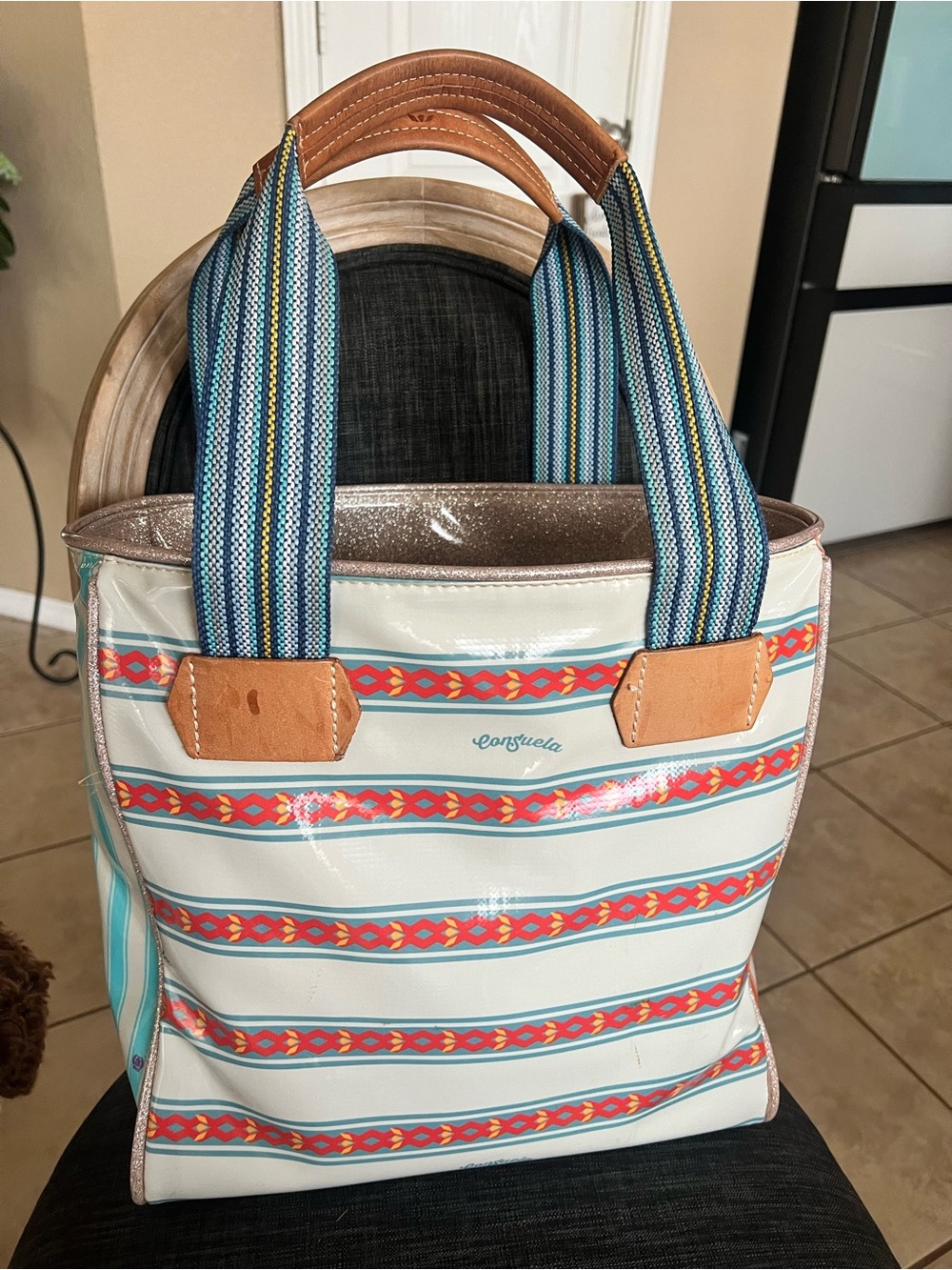Consuela Striped Tote in White, Blue, Orange, Tan with Tassel Charm - Picture 5 of 5